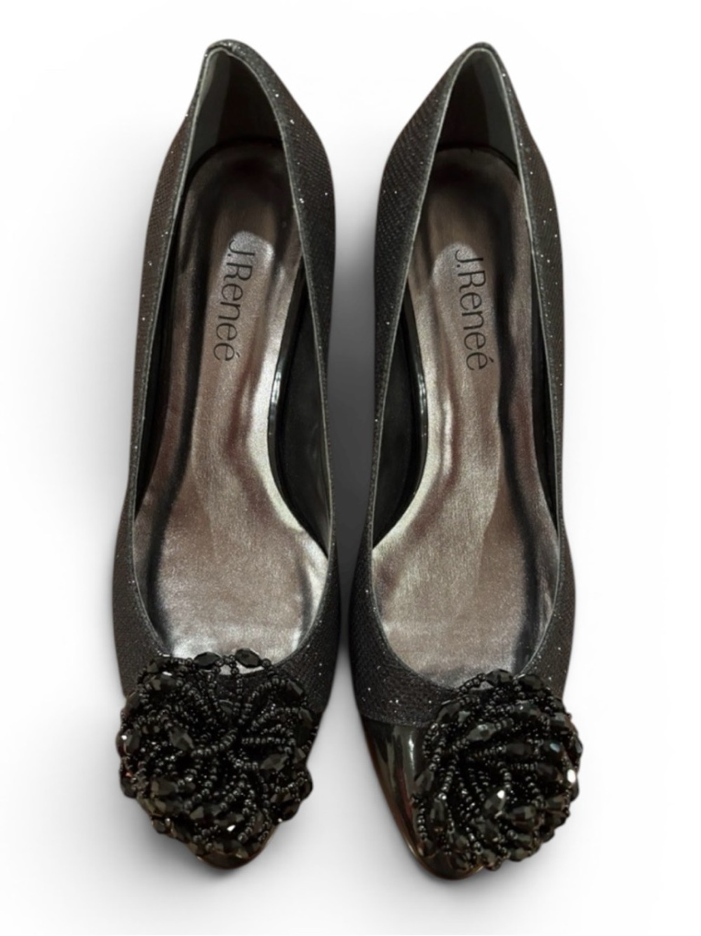 J.Renee Black Shimmery Women's Shoes with Beaded Floral Detail, size 8